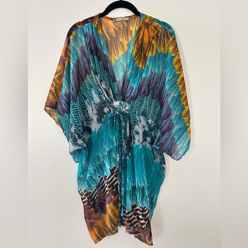 Feather-Print Tie-Waist Tunic in Turquoise & Gold